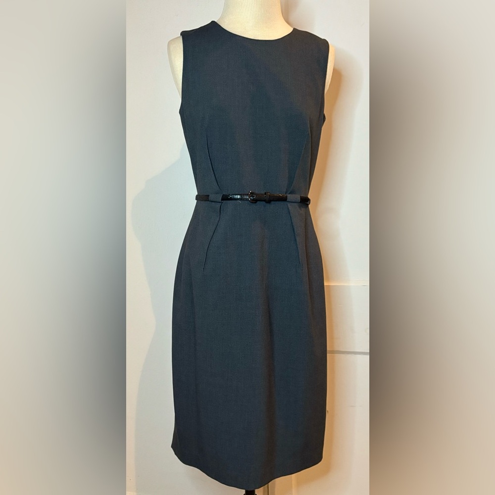 Calvin Klein Sleeveless Belted Jewel neckline Sheath Charcoal Dress